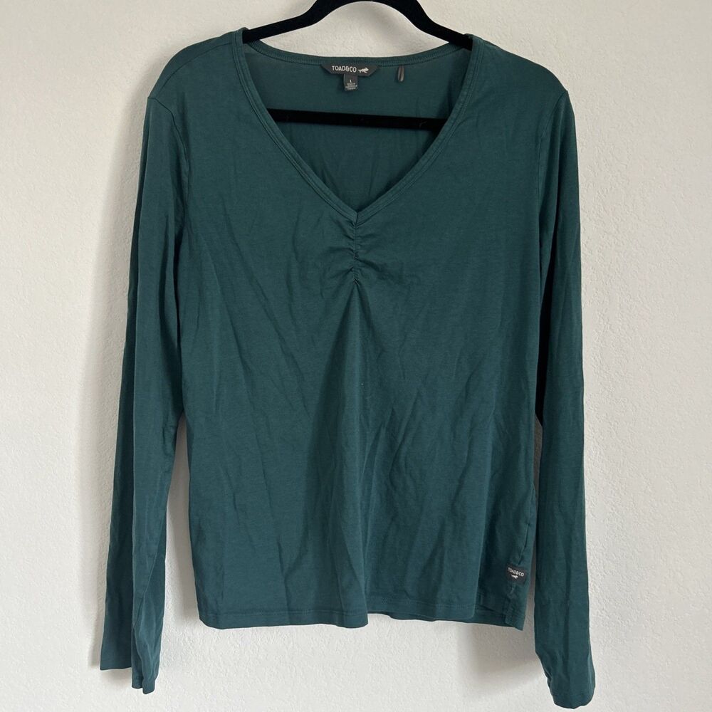 Toad & Co. Top  Green V-Neck Long Sleeve Organic Cotton Tencel Shirt Casual Sz L